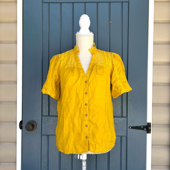 Maeve Anthropologie 100% Linen Blouse Mustard Yellow Lace Trim Women Size 4 - Picture 1 of 6